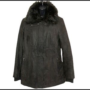 VINTAGE🧚‍♀️DANIER Black genuine leather jacket fur trim winter coat size S